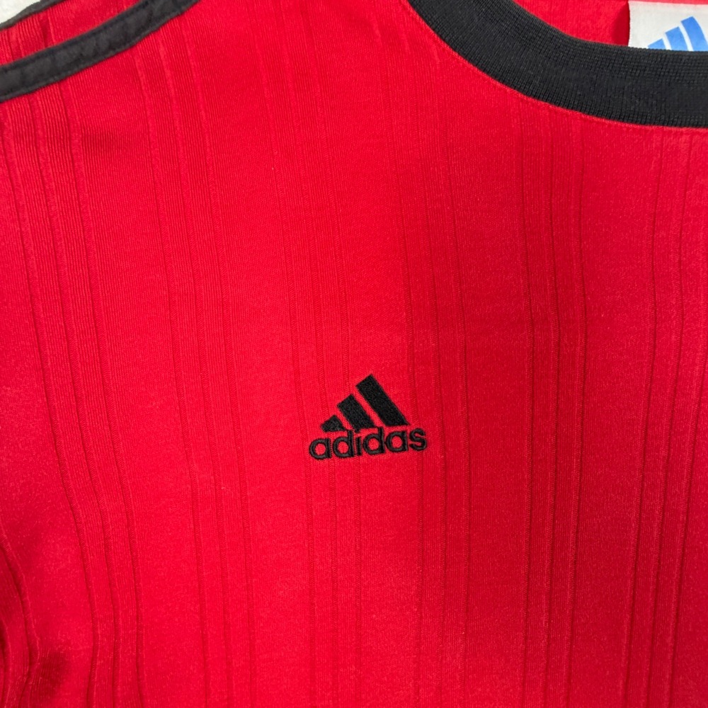 Adidas Vintage Red Ringer T-Shirt Mens Large Black 3-Stripe Ribbed Cotton Tee - Picture 2 of 6